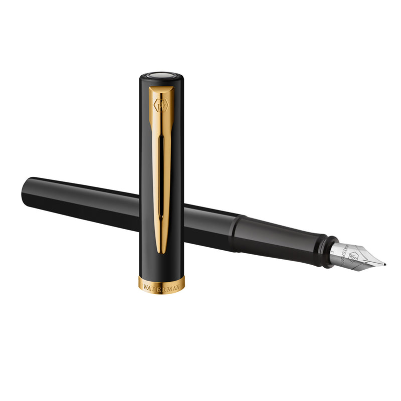Waterman Impression Fountain Pen Black with Gold Trim Medium Nib Blue Ink Gift Box