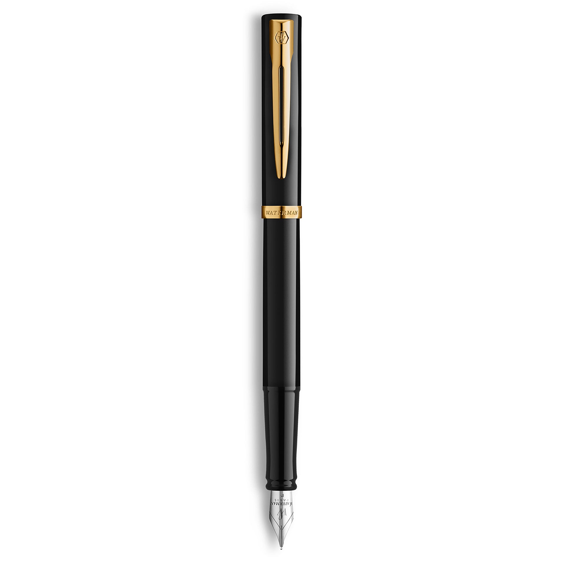 Waterman Impression Fountain Pen Black with Gold Trim Medium Nib Blue Ink Gift Box