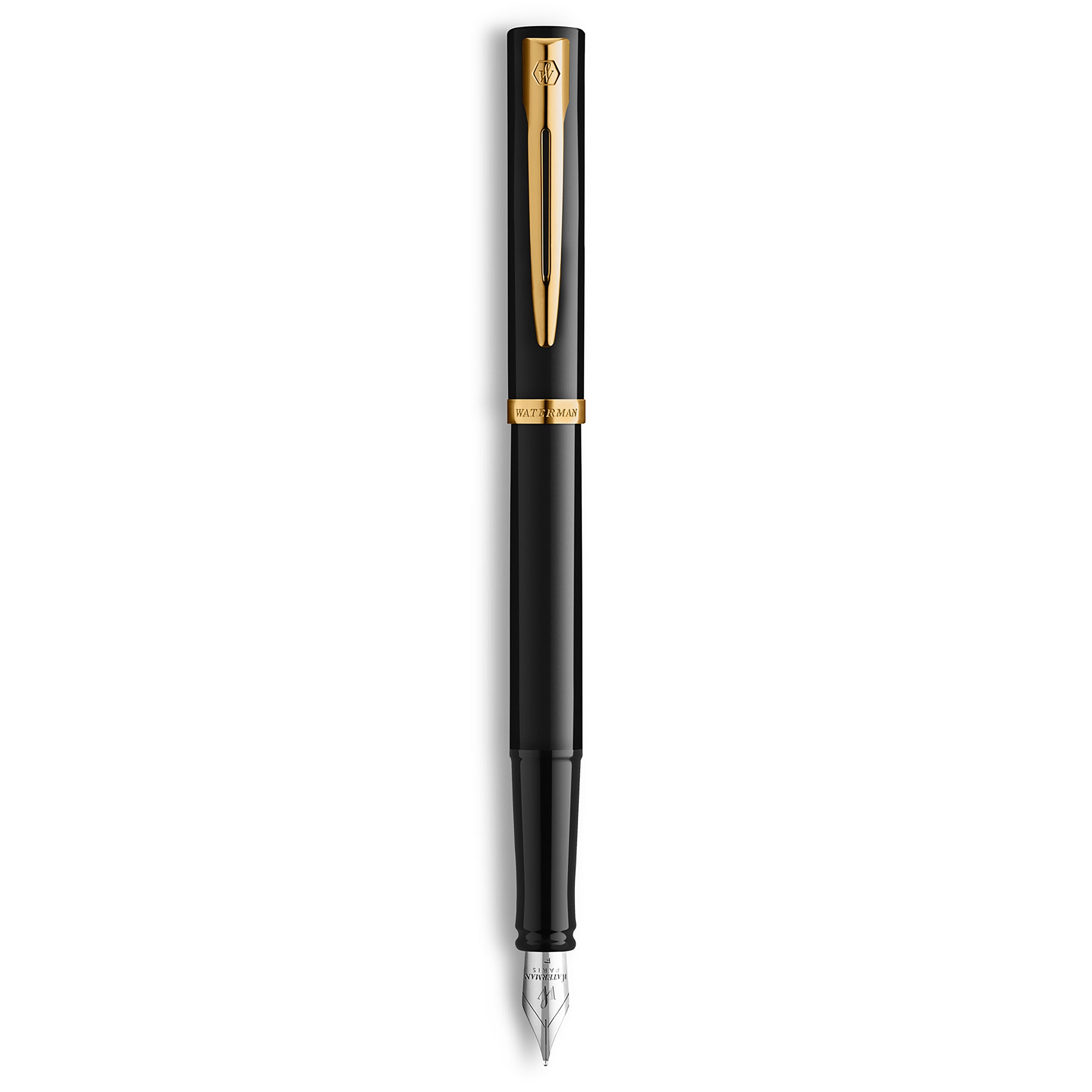 Waterman Impression Fountain Pen Black with Gold Trim Medium Nib Blue Ink Gift Box