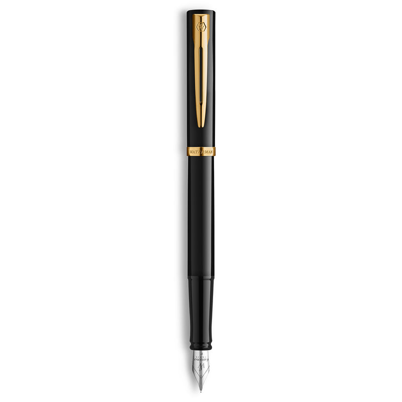 Waterman Impression Fountain Pen Black with Gold Trim Medium Nib Blue Ink Gift Box