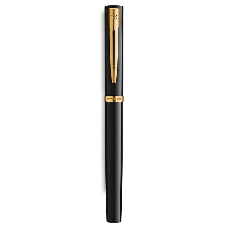Waterman Impression Fountain Pen Black with Gold Trim Medium Nib Blue Ink Gift Box