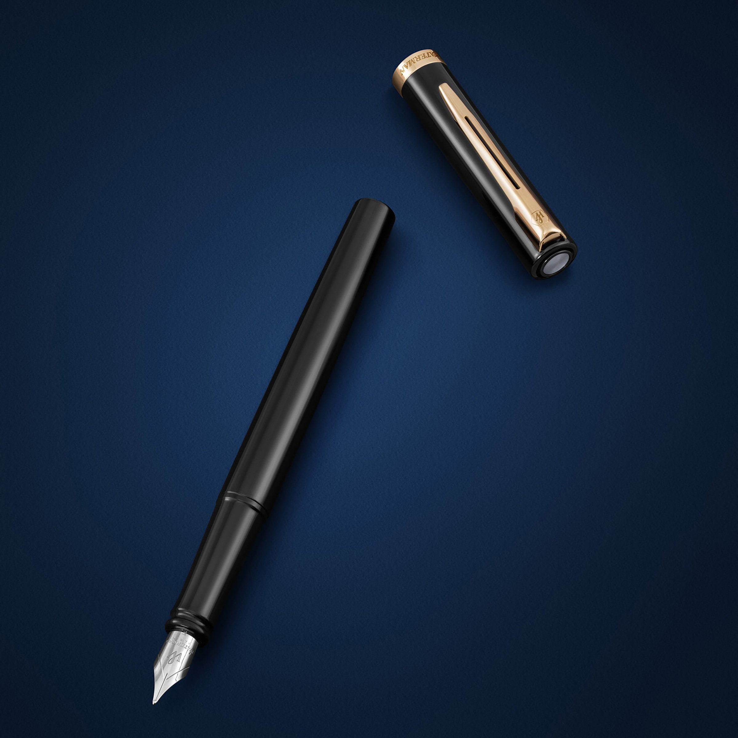 Waterman Impression Fountain Pen Black with Gold Trim Medium Nib Blue Ink Gift Box