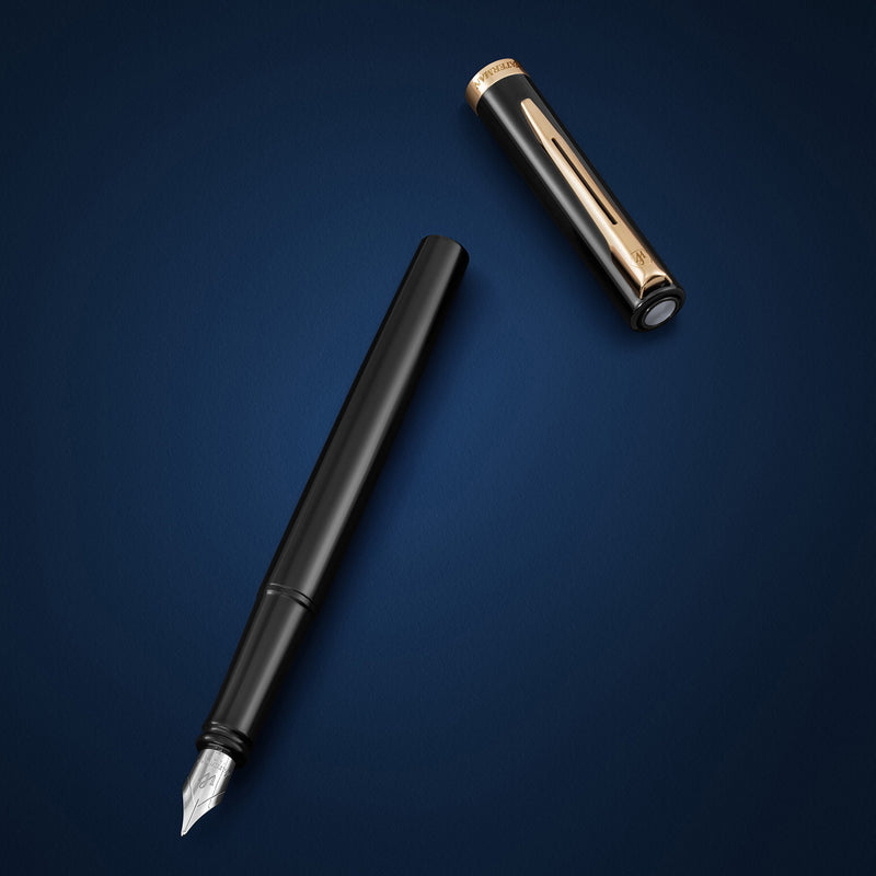 Waterman Impression Fountain Pen Black with Gold Trim Medium Nib Blue Ink Gift Box