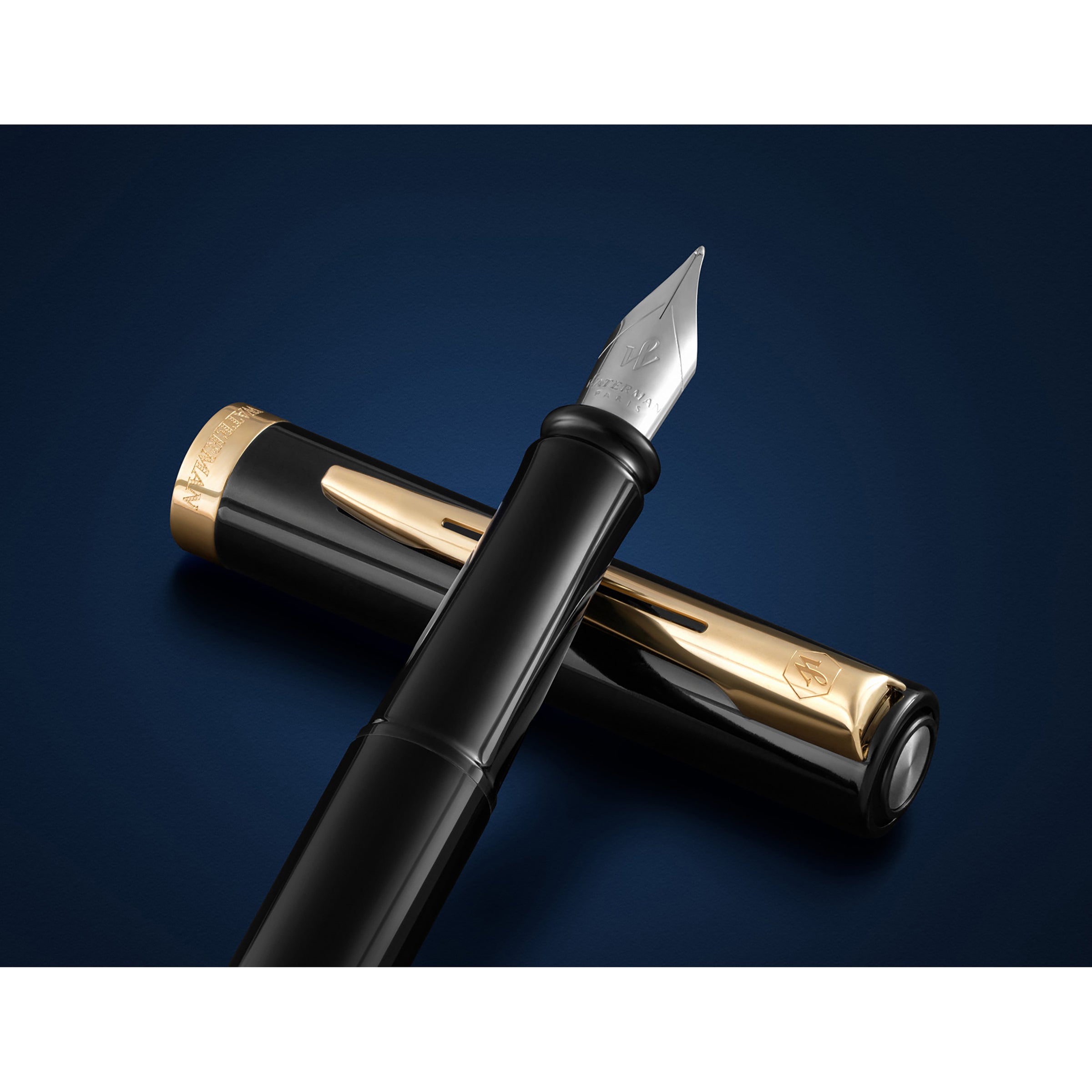 Waterman Impression Fountain Pen Black with Gold Trim Medium Nib Blue Ink Gift Box