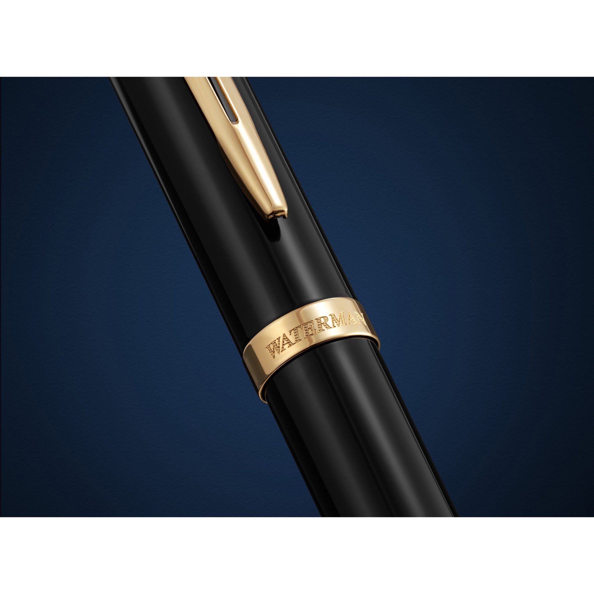Waterman Impression Fountain Pen Black with Gold Trim Medium Nib Blue Ink Gift Box