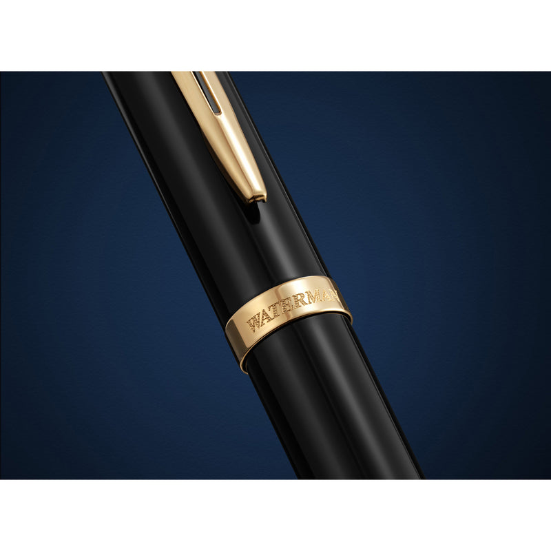 Waterman Impression Fountain Pen Black with Gold Trim Medium Nib Blue Ink Gift Box