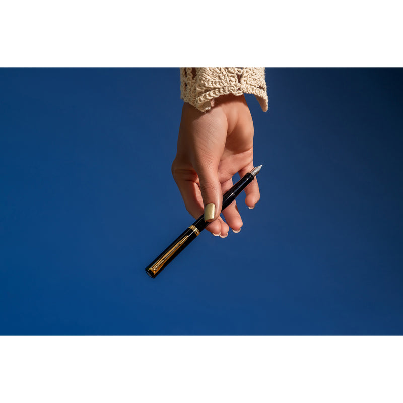 Waterman Impression Fountain Pen Black with Gold Trim Medium Nib Blue Ink Gift Box