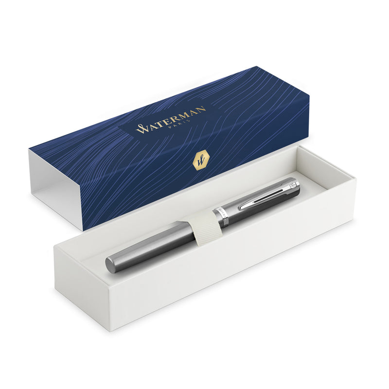 Waterman Impression Fountain Pen Stainless Steel with Chrome Trim Medium Nib Blue Ink Gift Box
