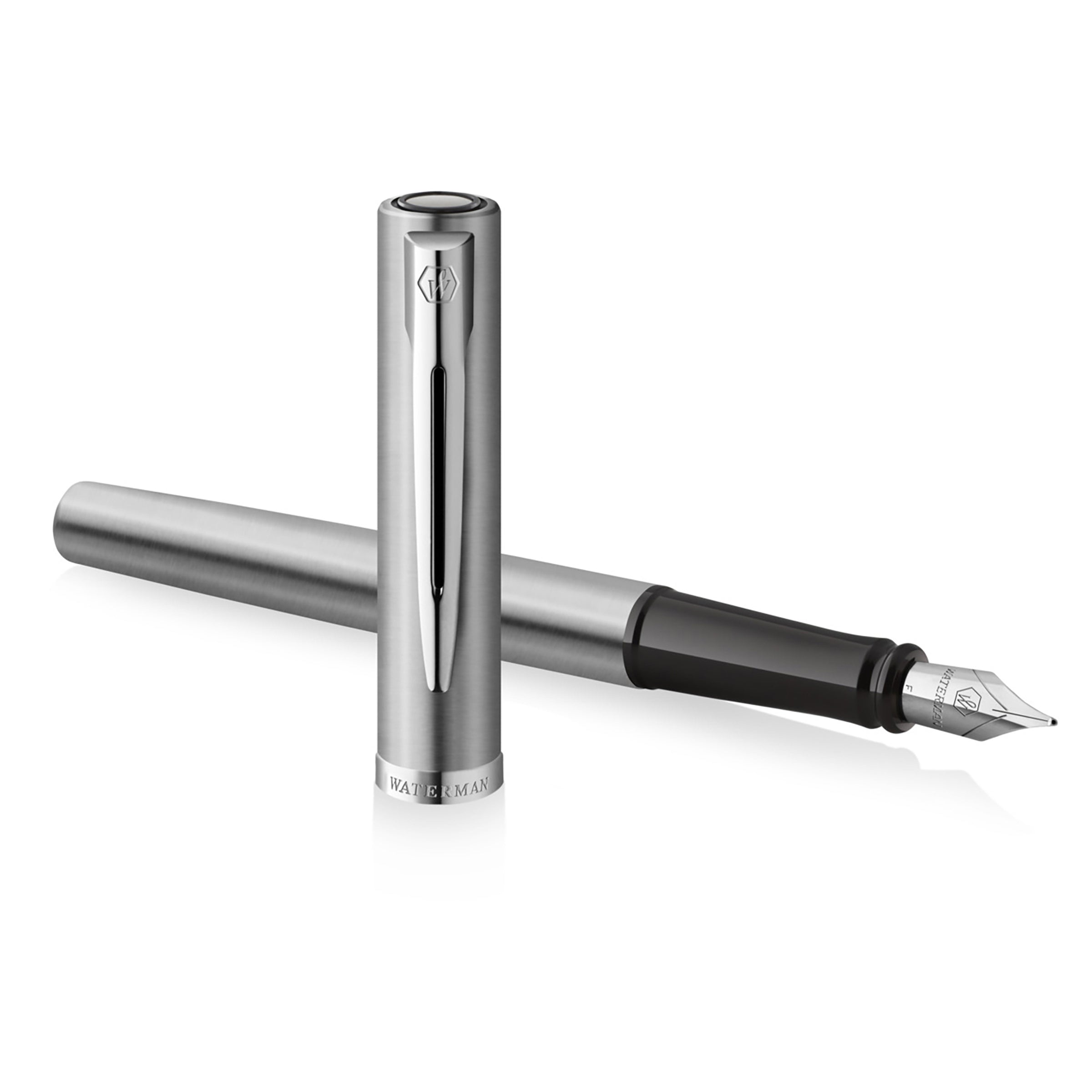 Waterman Impression Fountain Pen Stainless Steel with Chrome Trim Medium Nib Blue Ink Gift Box