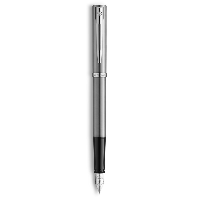 Waterman Impression Fountain Pen Stainless Steel with Chrome Trim Medium Nib Blue Ink Gift Box