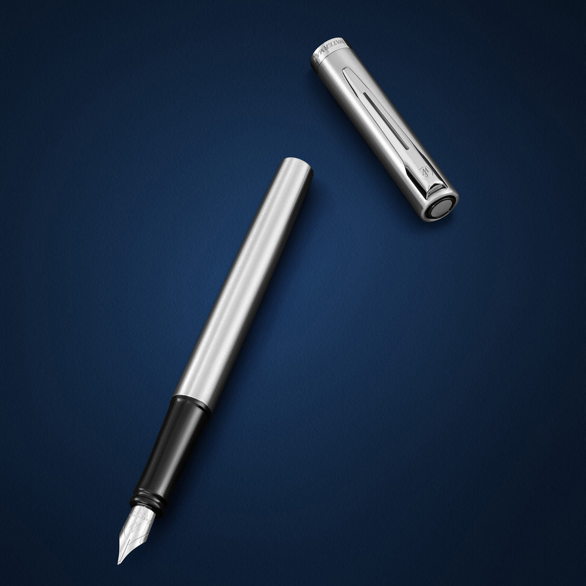 Waterman Impression Fountain Pen Stainless Steel with Chrome Trim Medium Nib Blue Ink Gift Box