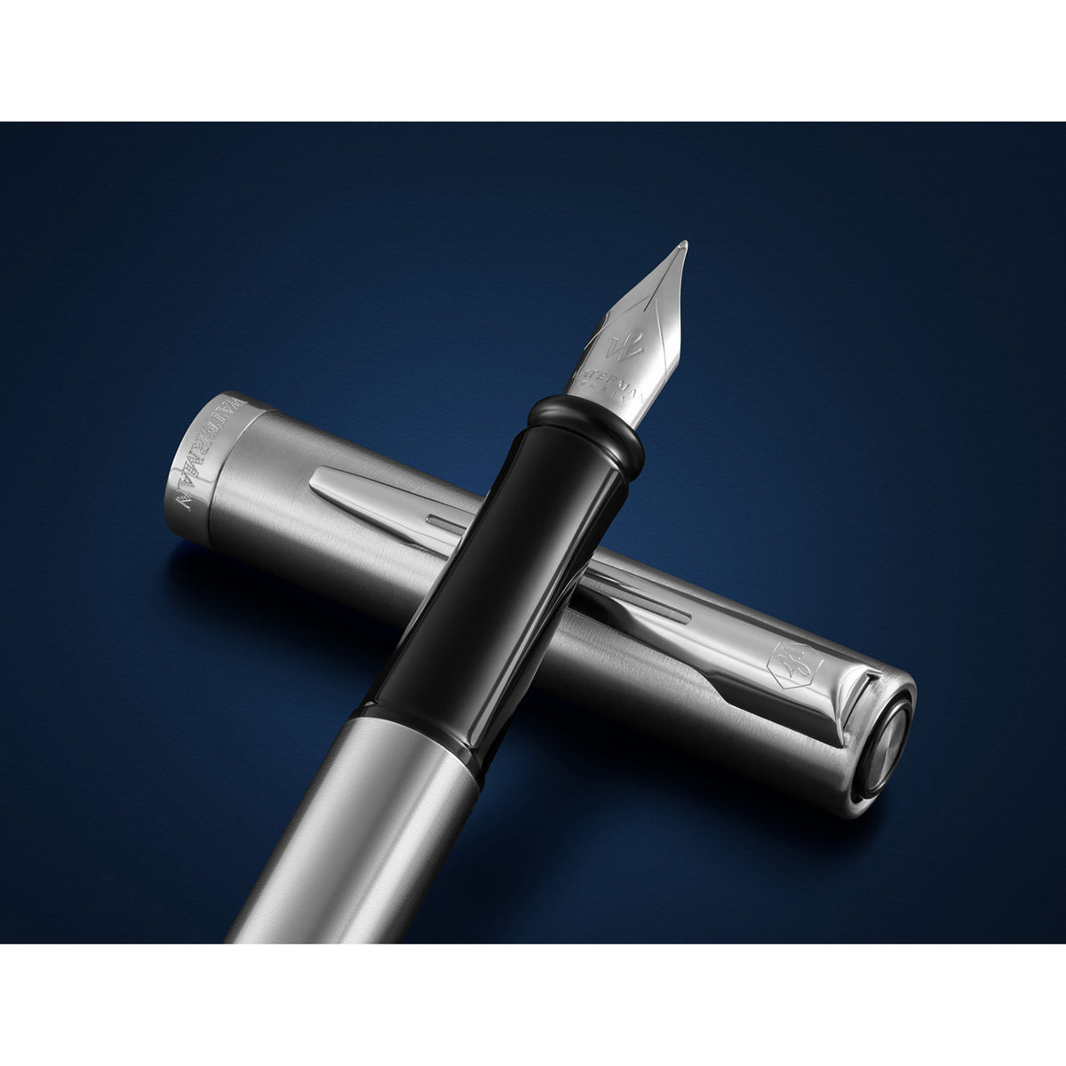 Waterman Impression Fountain Pen Stainless Steel with Chrome Trim Medium Nib Blue Ink Gift Box