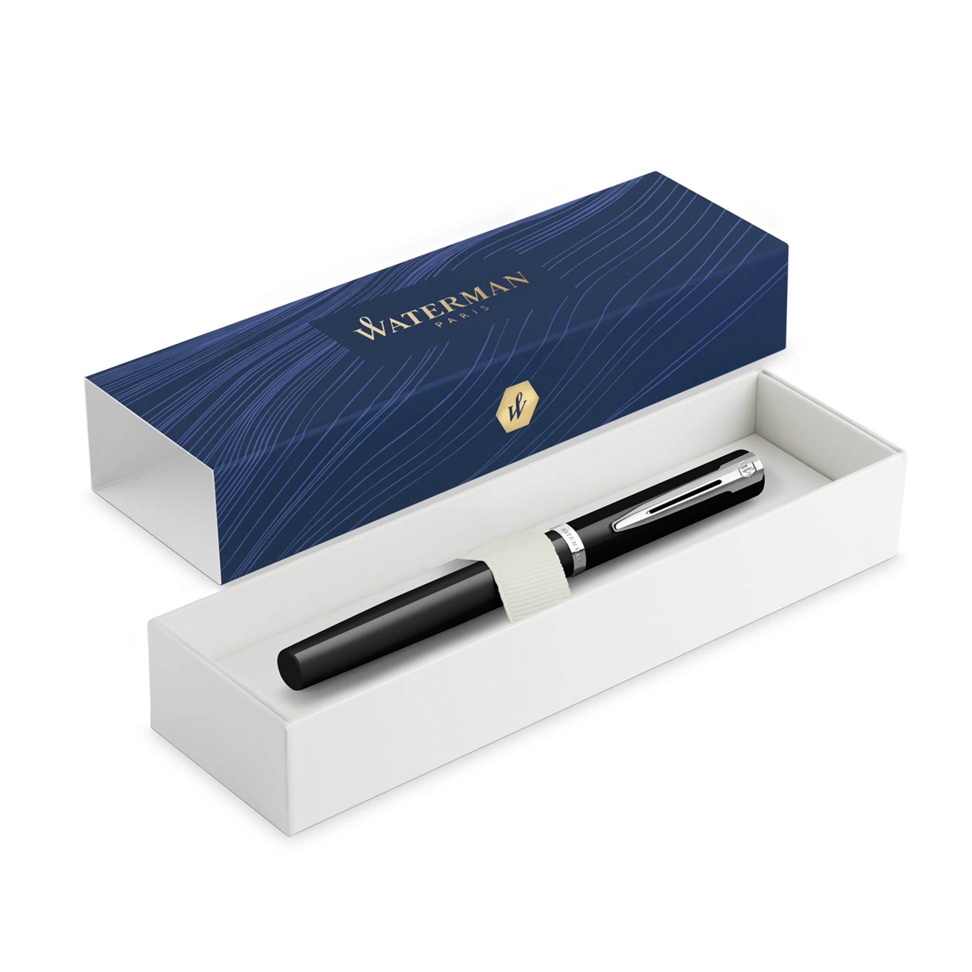 Waterman Impression Fountain Pen Black with Chrome Trim Medium Nib Blue Ink Gift Box