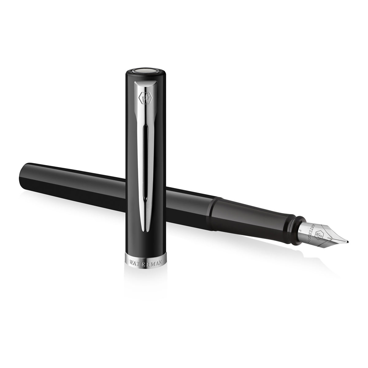 Waterman Impression Fountain Pen Black with Chrome Trim Medium Nib Blue Ink Gift Box