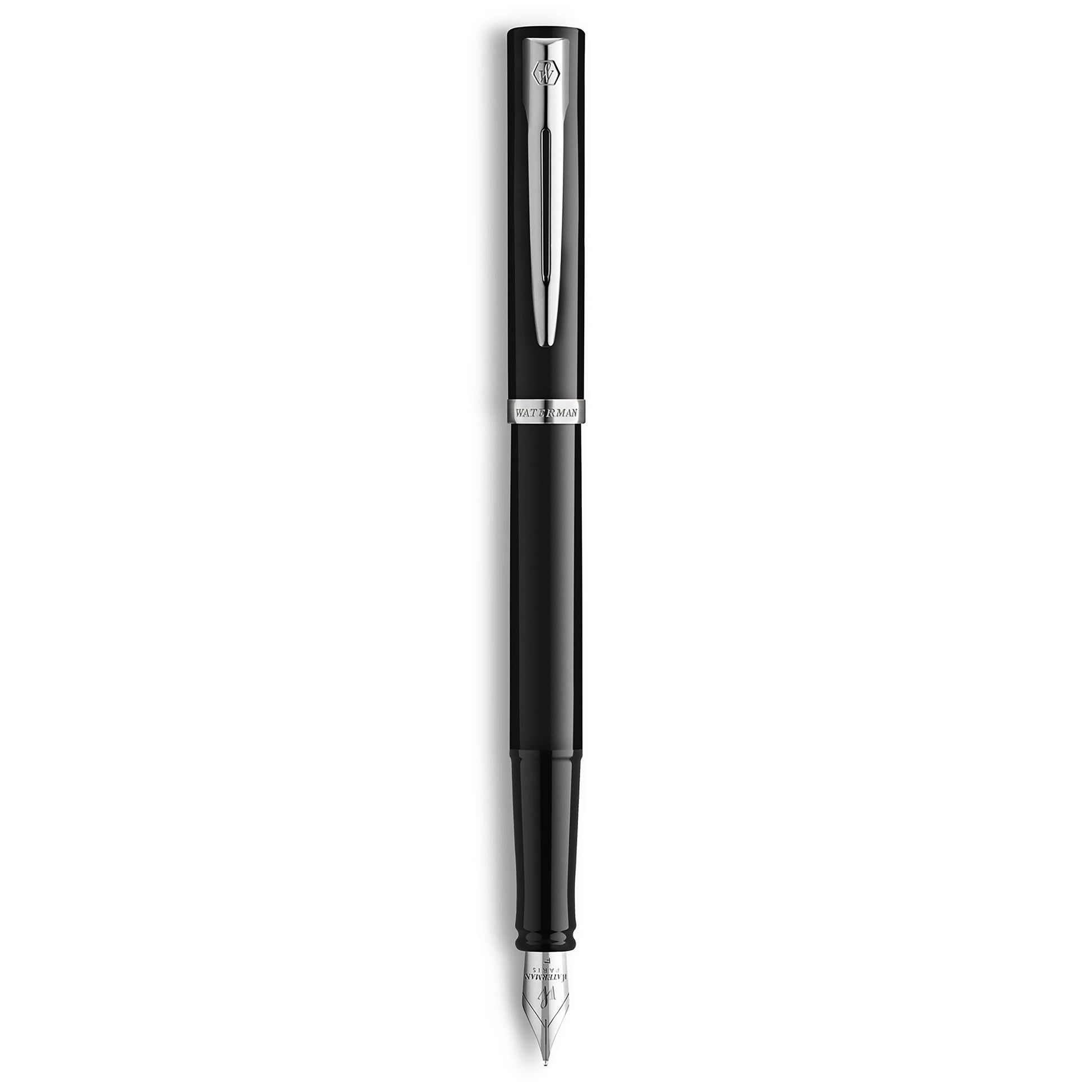 Waterman Impression Fountain Pen Black with Chrome Trim Medium Nib Blue Ink Gift Box