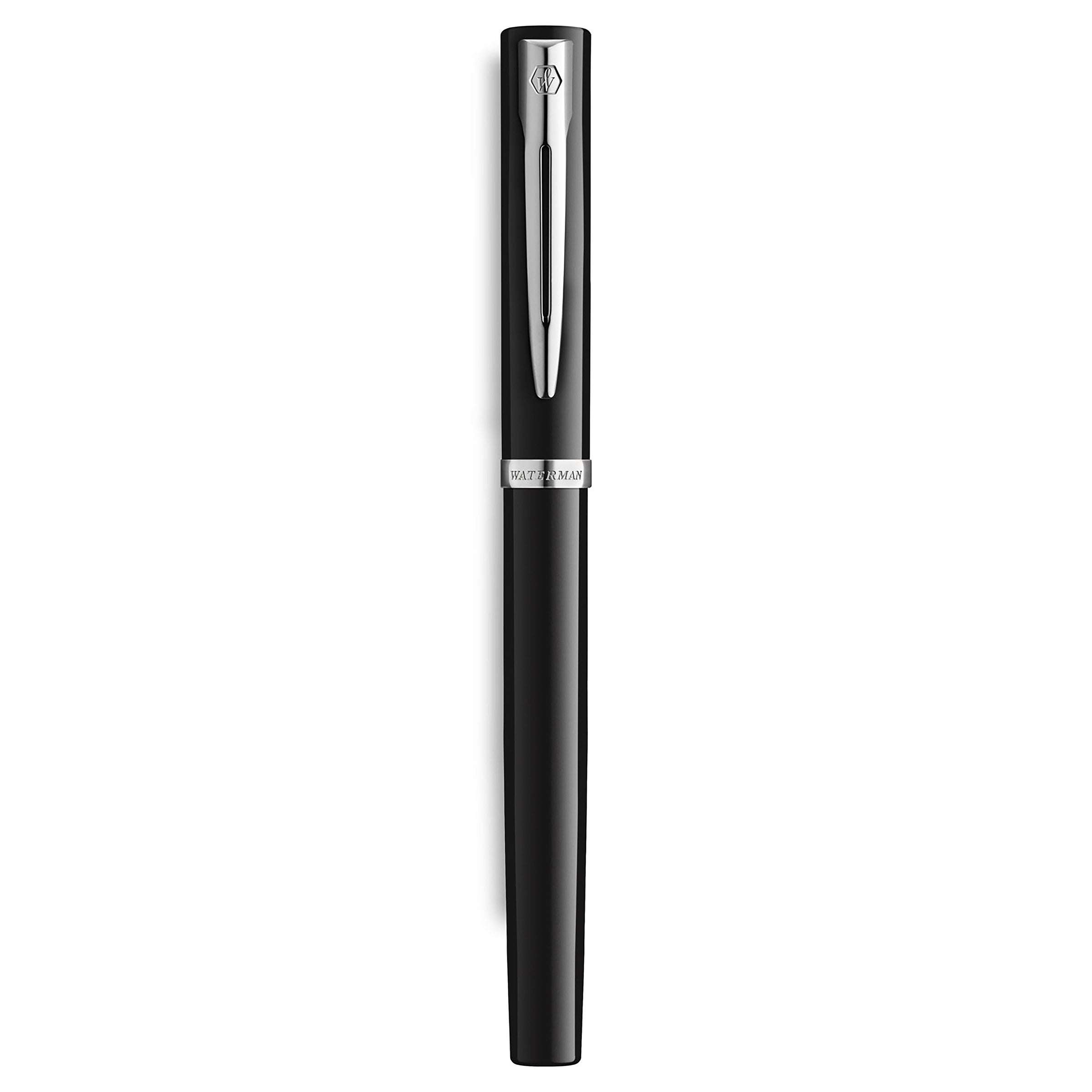 Waterman Impression Fountain Pen Black with Chrome Trim Medium Nib Blue Ink Gift Box