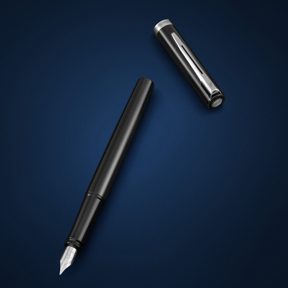 Waterman Impression Fountain Pen Black with Chrome Trim Medium Nib Blue Ink Gift Box