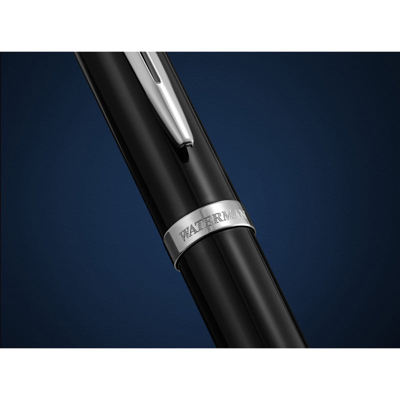 Waterman Impression Fountain Pen Black with Chrome Trim Medium Nib Blue Ink Gift Box
