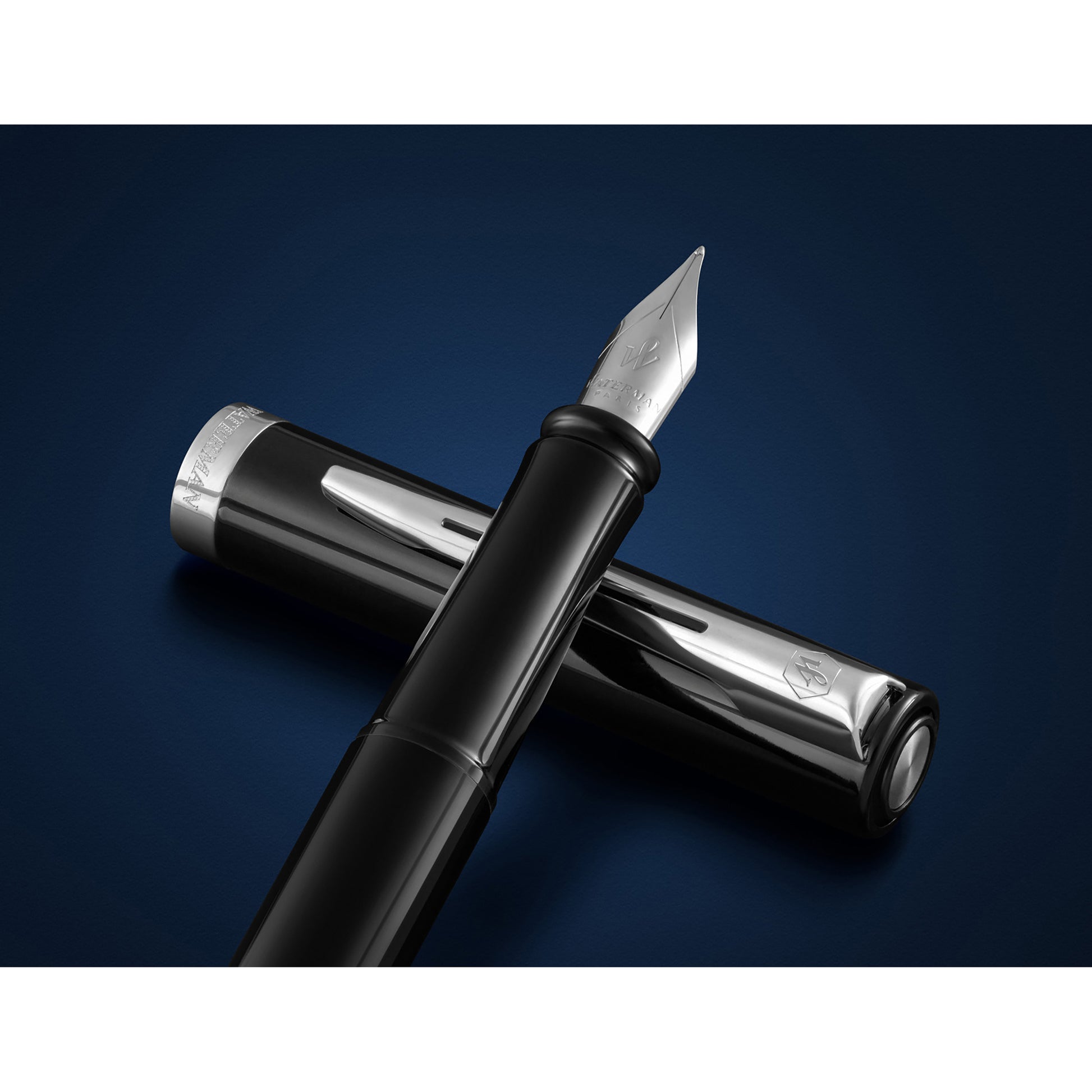 Waterman Impression Fountain Pen Black with Chrome Trim Medium Nib Blue Ink Gift Box