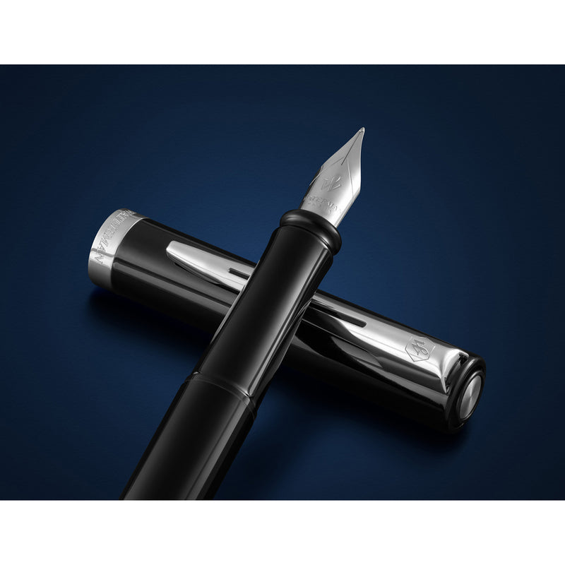 Waterman Impression Fountain Pen Black with Chrome Trim Medium Nib Blue Ink Gift Box