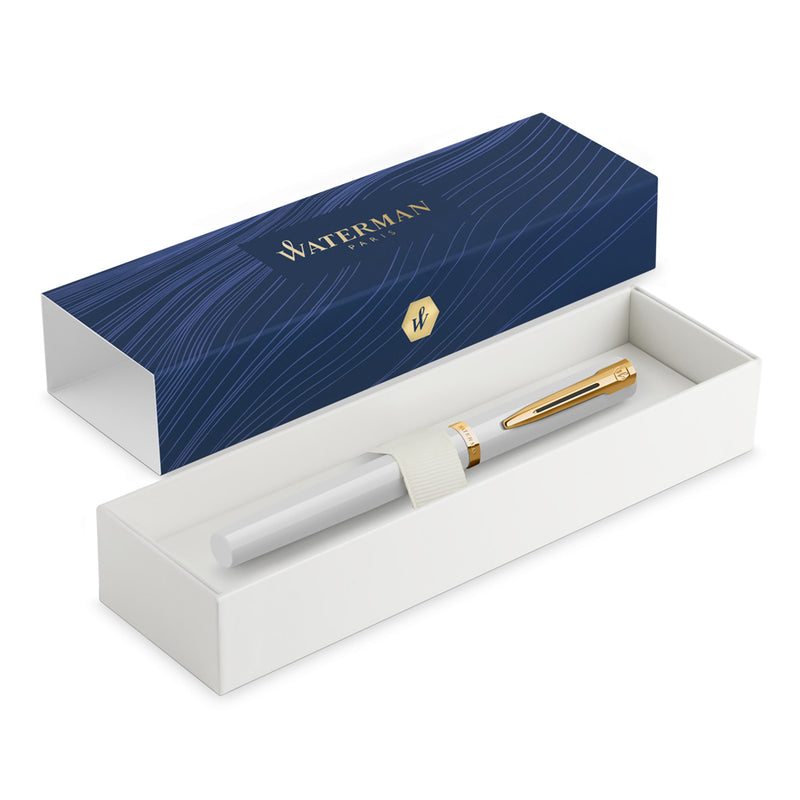 Waterman Impression Fountain Pen White with Gold Trim Medium Nib Blue Ink Gift Box