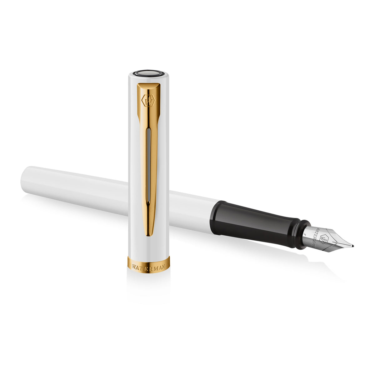 Waterman Impression Fountain Pen White with Gold Trim Medium Nib Blue Ink Gift Box