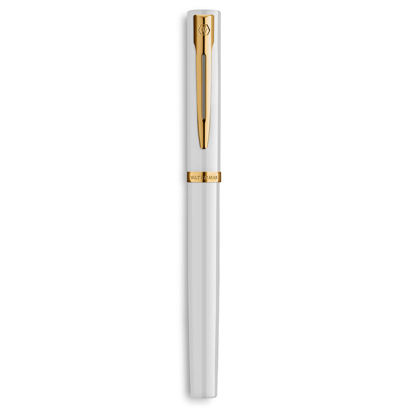 Waterman Impression Fountain Pen White with Gold Trim Medium Nib Blue Ink Gift Box