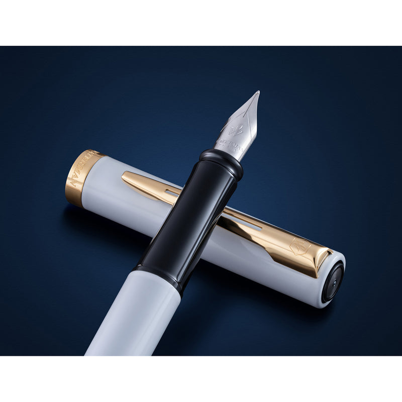 Waterman Impression Fountain Pen White with Gold Trim Medium Nib Blue Ink Gift Box