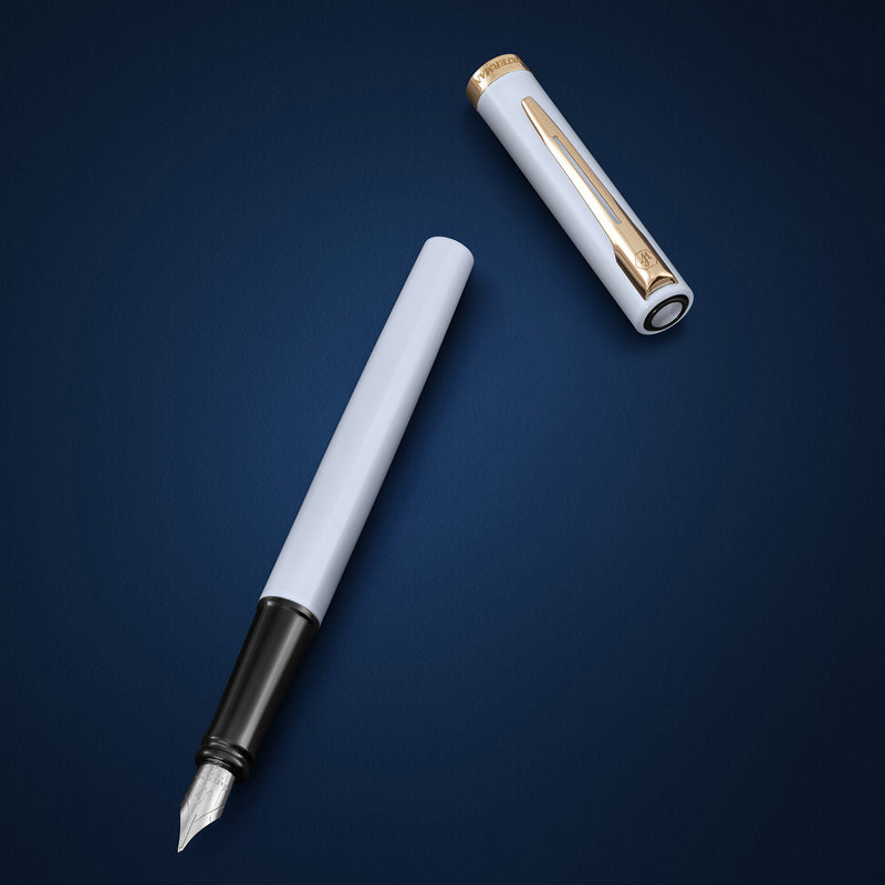 Waterman Impression Fountain Pen White with Gold Trim Medium Nib Blue Ink Gift Box