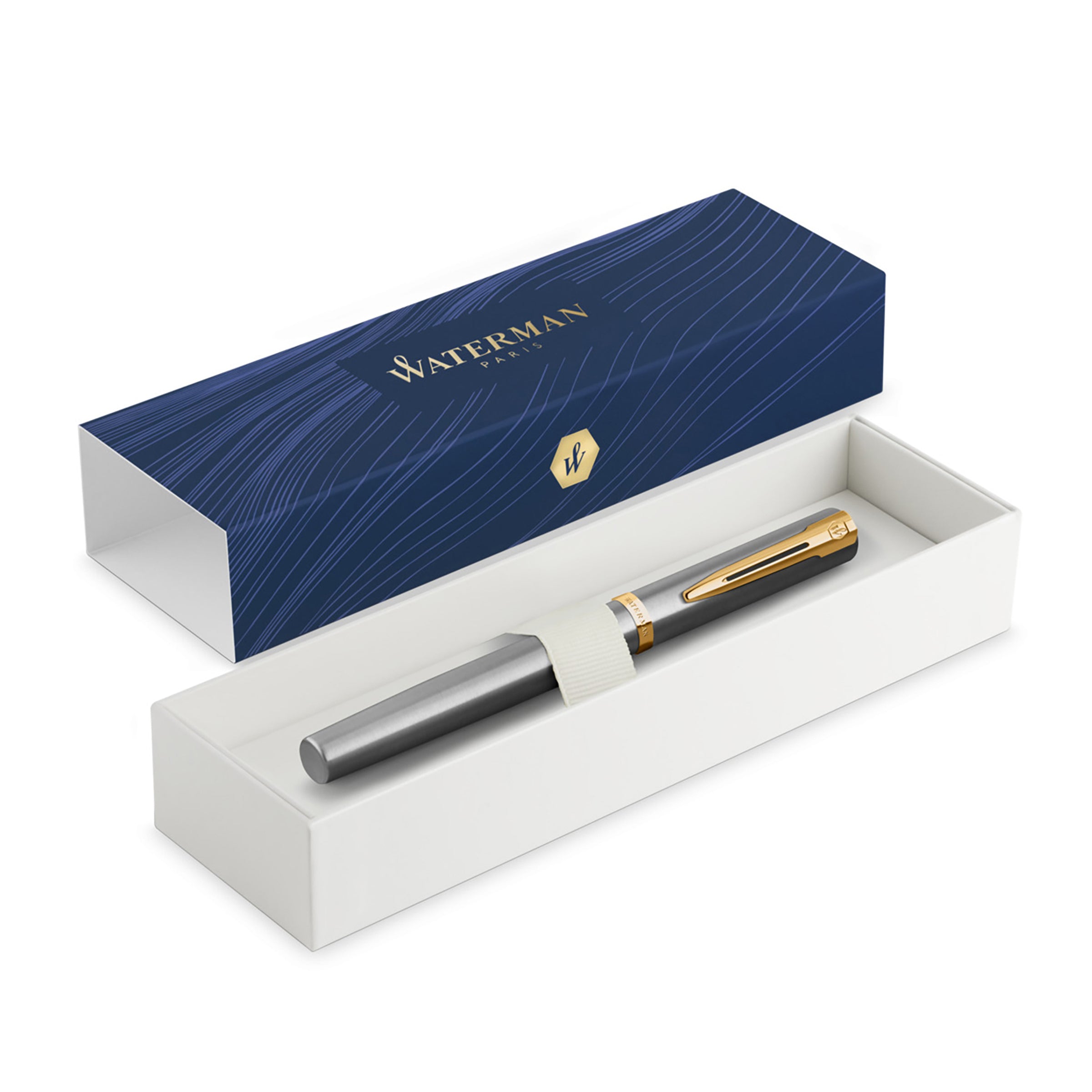 Waterman Impression Fountain Pen Stainless Steel with Gold Trim Medium Nib Blue Ink Gift Box