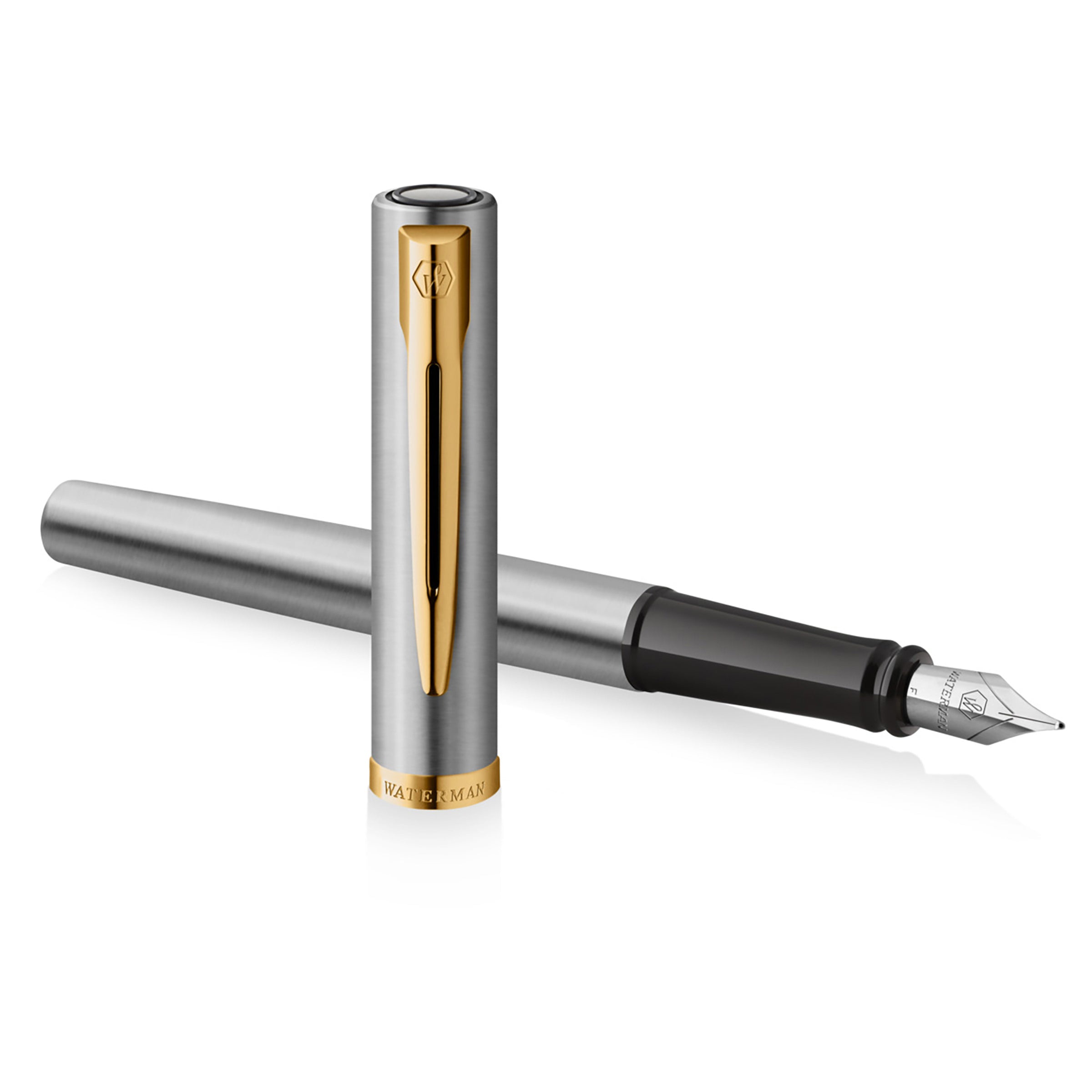 Waterman Impression Fountain Pen Stainless Steel with Gold Trim Medium Nib Blue Ink Gift Box