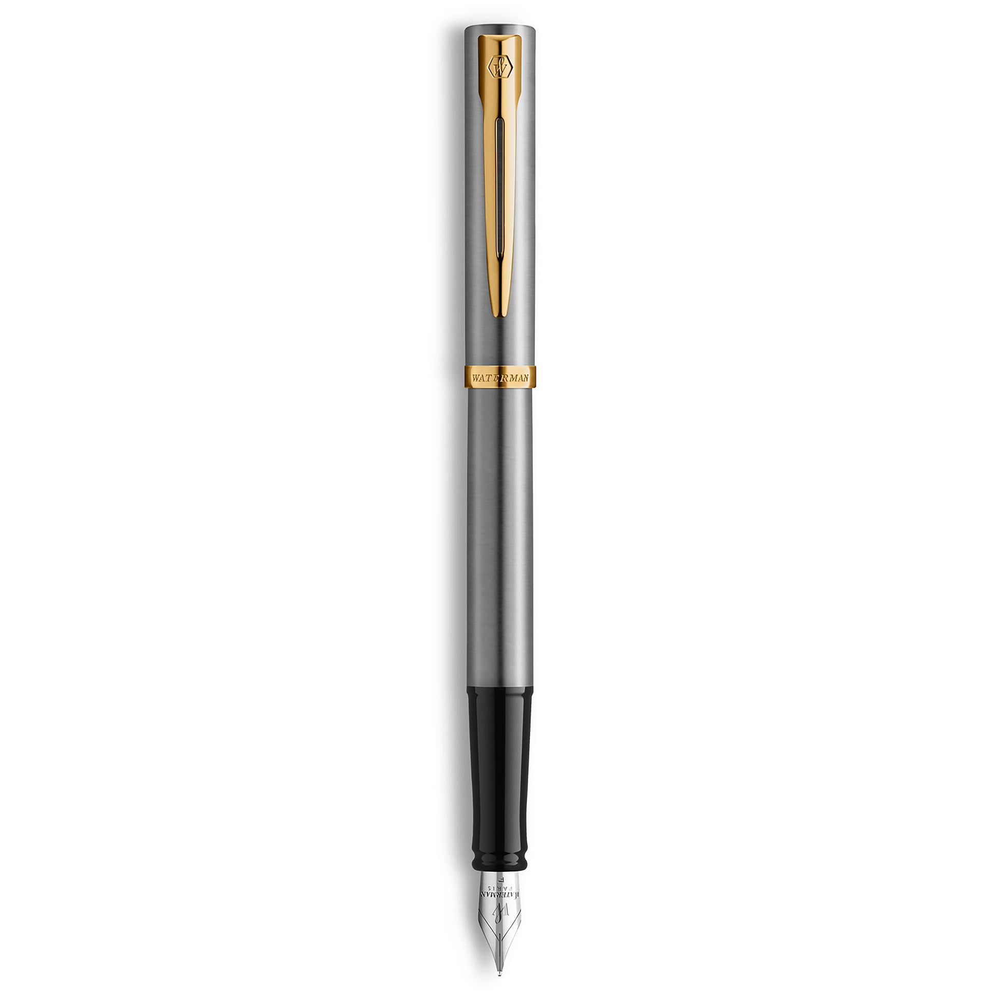 Waterman Impression Fountain Pen Stainless Steel with Gold Trim Medium Nib Blue Ink Gift Box