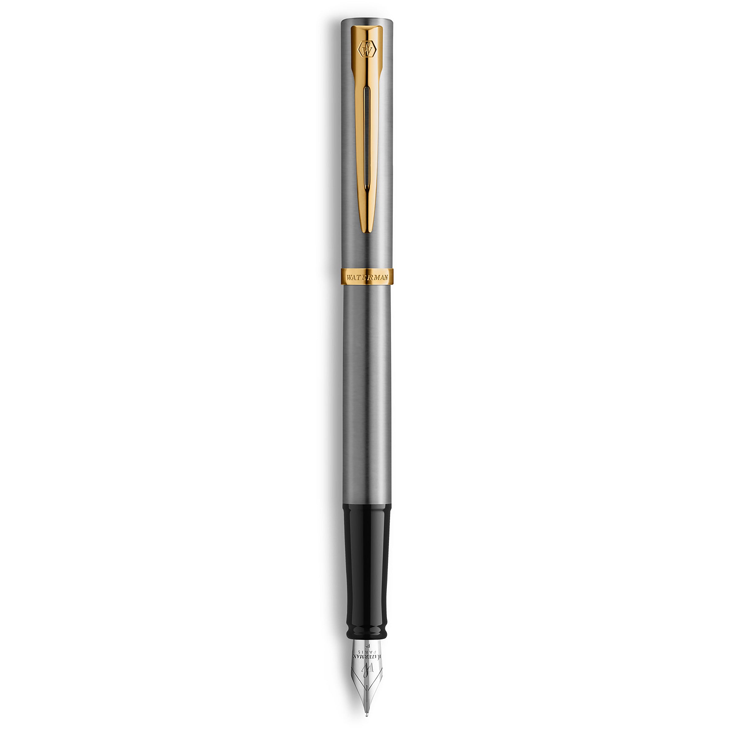 Waterman Impression Fountain Pen Stainless Steel with Gold Trim Medium Nib Blue Ink Gift Box