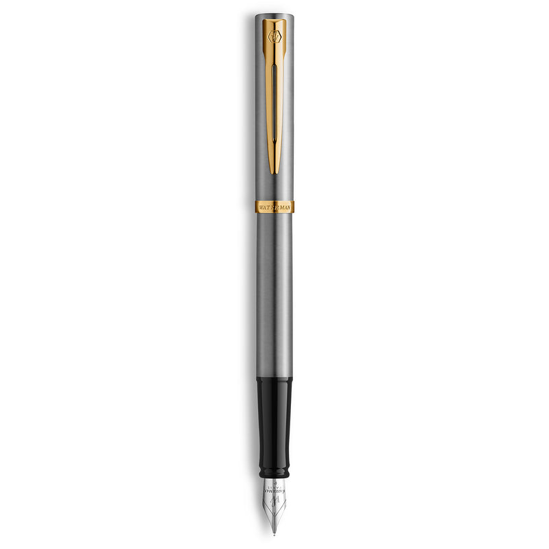 Waterman Impression Fountain Pen Stainless Steel with Gold Trim Medium Nib Blue Ink Gift Box