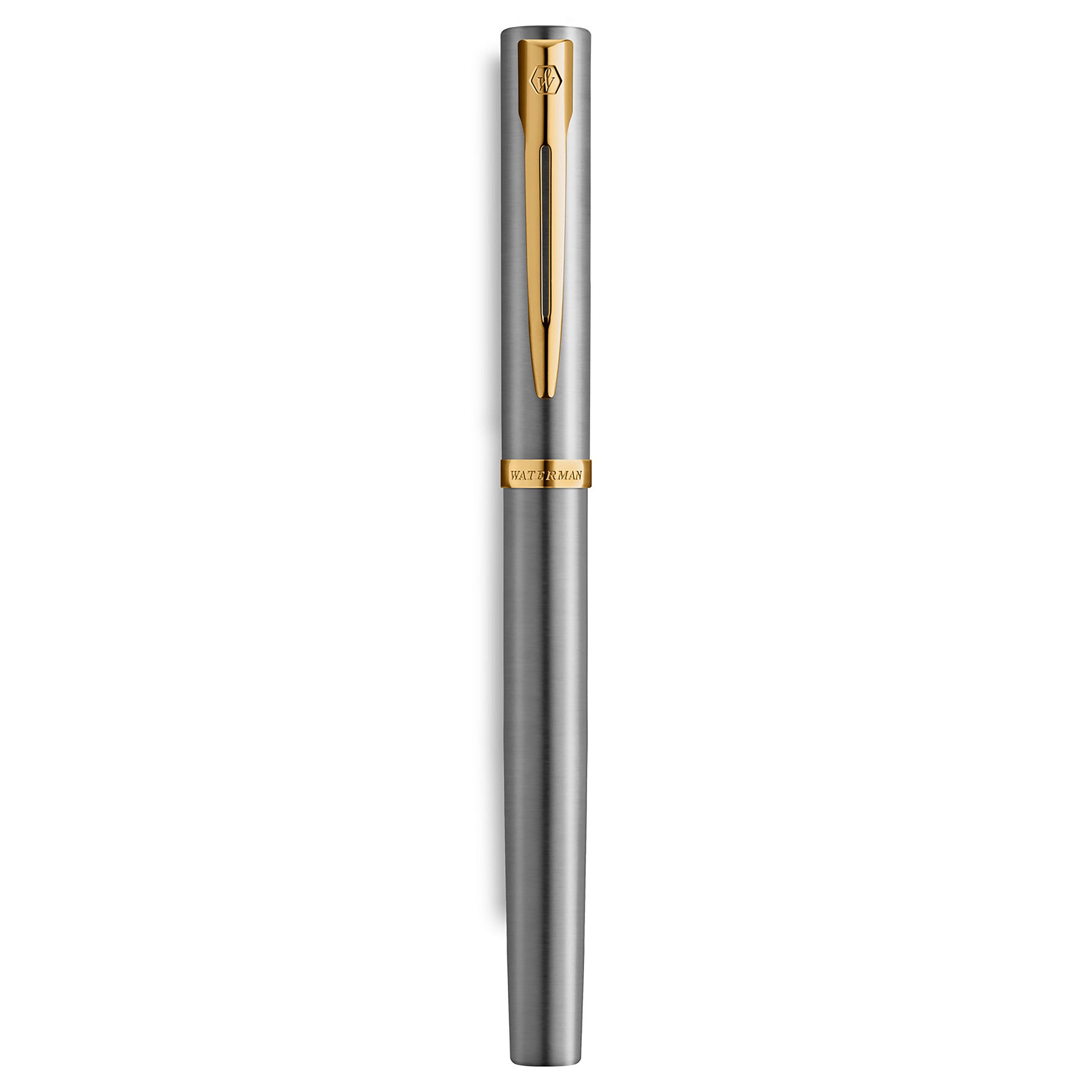 Waterman Impression Fountain Pen Stainless Steel with Gold Trim Medium Nib Blue Ink Gift Box