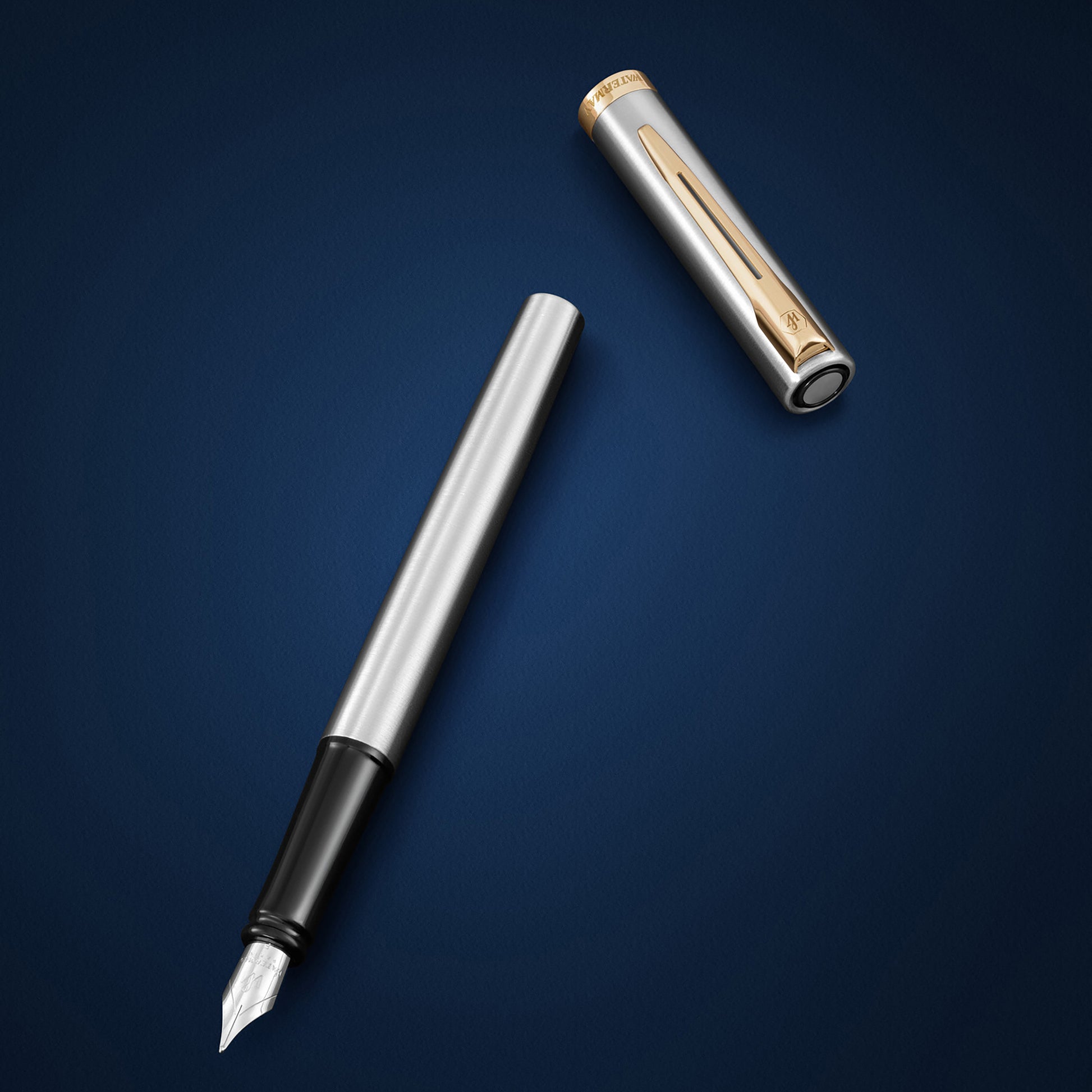 Waterman Impression Fountain Pen Stainless Steel with Gold Trim Medium Nib Blue Ink Gift Box