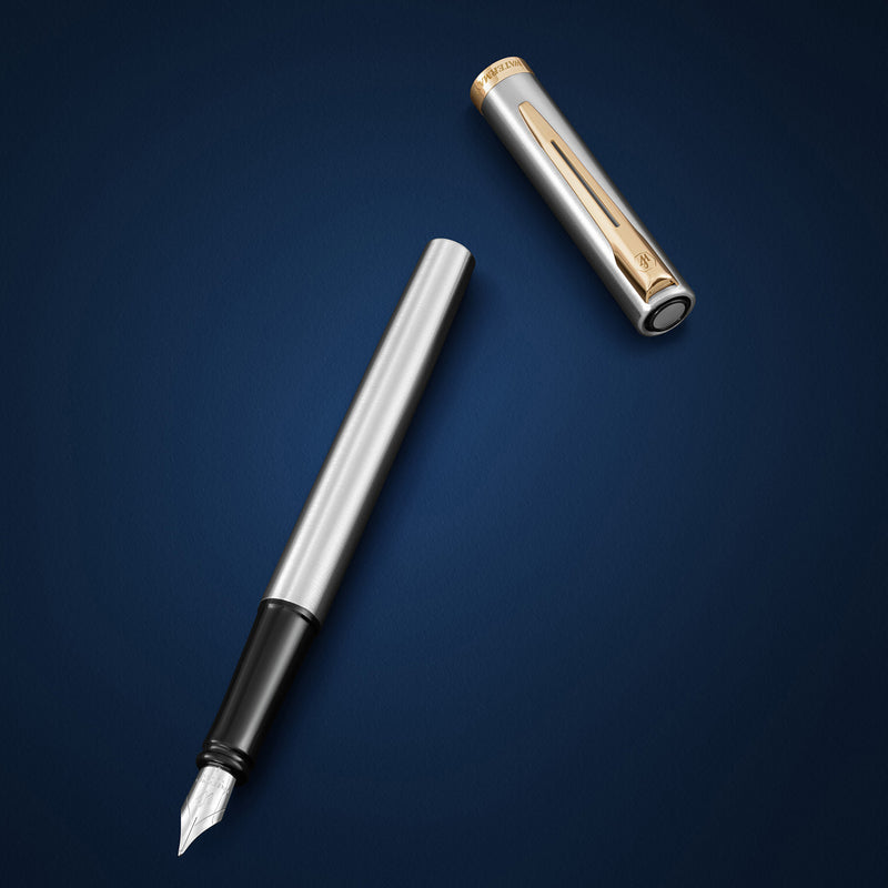 Waterman Impression Fountain Pen Stainless Steel with Gold Trim Medium Nib Blue Ink Gift Box