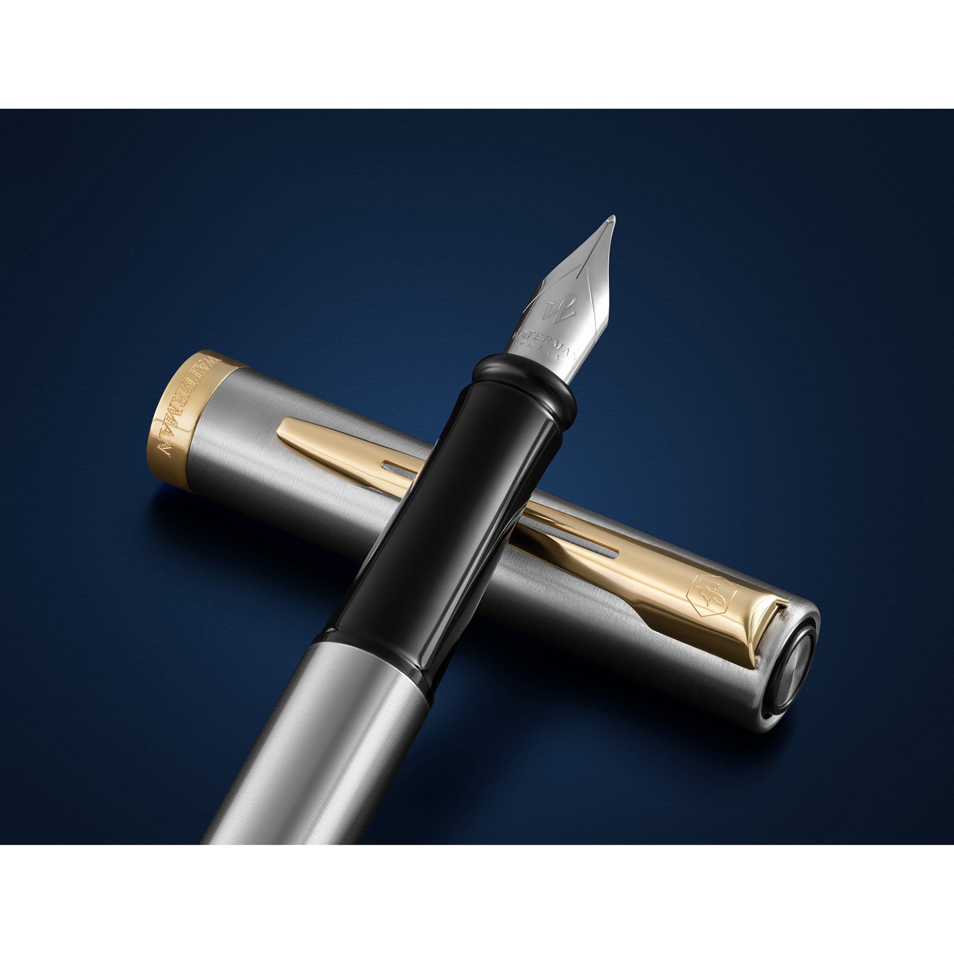 Waterman Impression Fountain Pen Stainless Steel with Gold Trim Medium Nib Blue Ink Gift Box