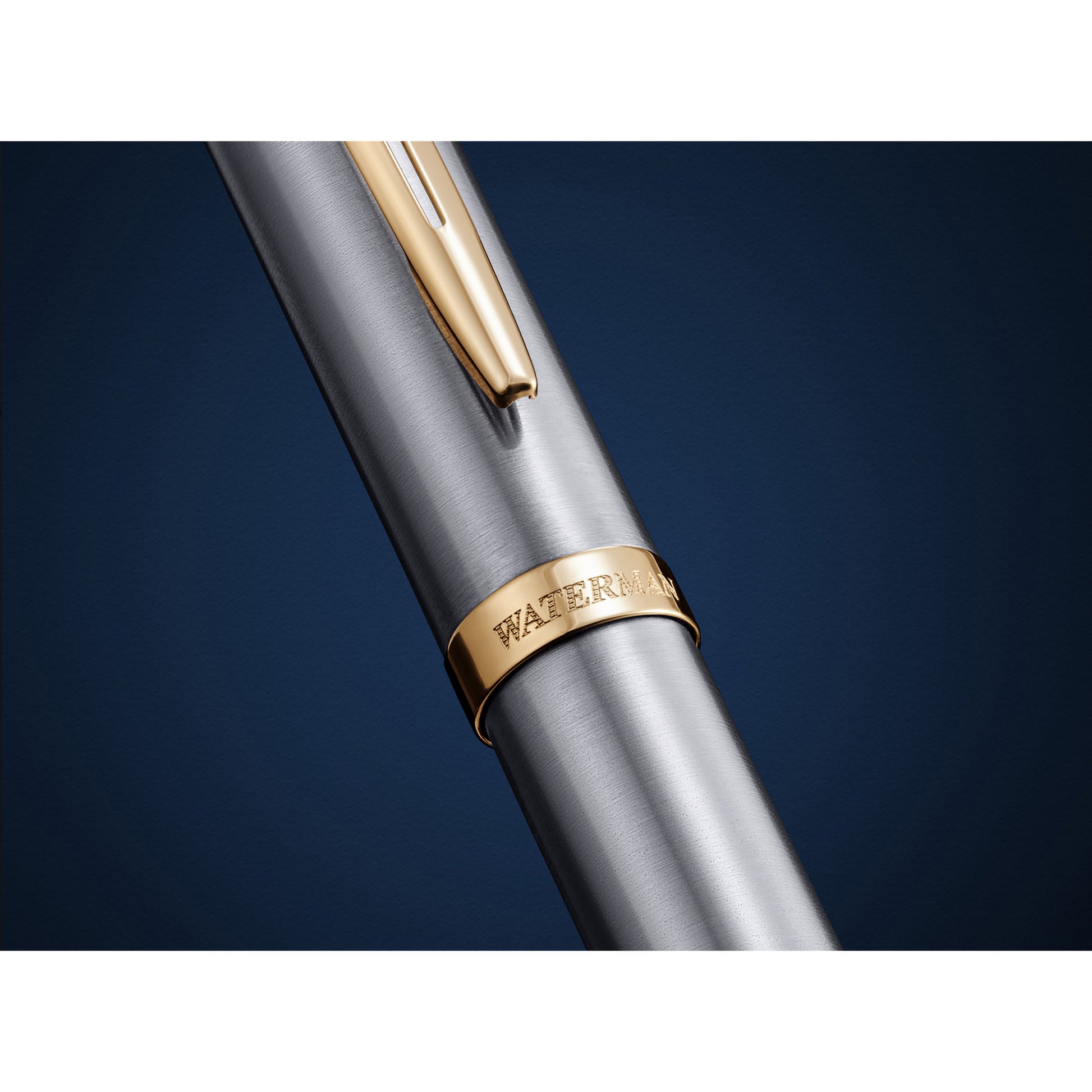 Waterman Impression Fountain Pen Stainless Steel with Gold Trim Medium Nib Blue Ink Gift Box