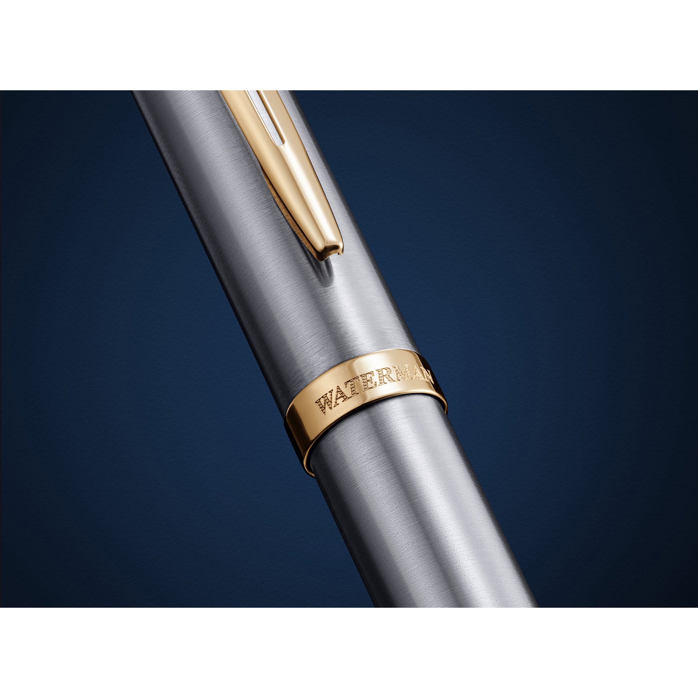 Waterman Impression Fountain Pen Stainless Steel with Gold Trim Medium Nib Blue Ink Gift Box
