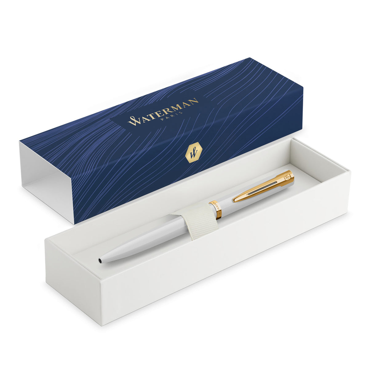 Waterman Impression Ballpoint Pen White with Gold Trim Medium Tip Blue Ink Gift Box