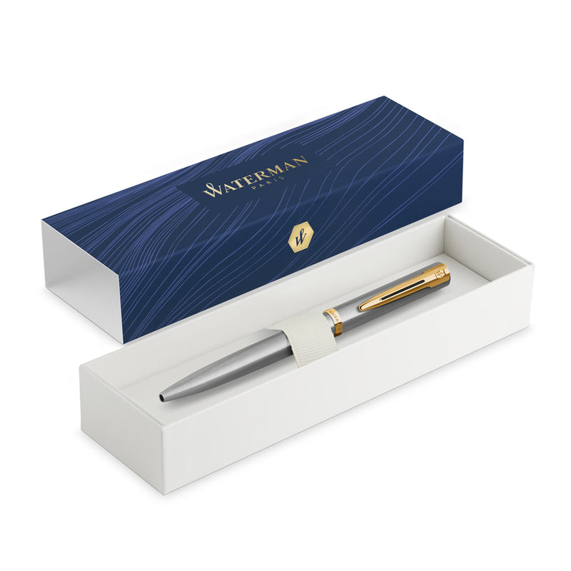 Waterman Impression Ballpoint Pen Stainless Steel with Gold Trim Medium Tip Blue Ink Gift Box