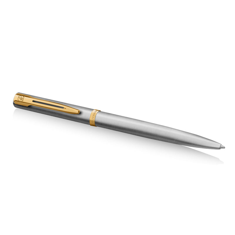 Waterman Impression Ballpoint Pen Stainless Steel with Gold Trim Medium Tip Blue Ink Gift Box