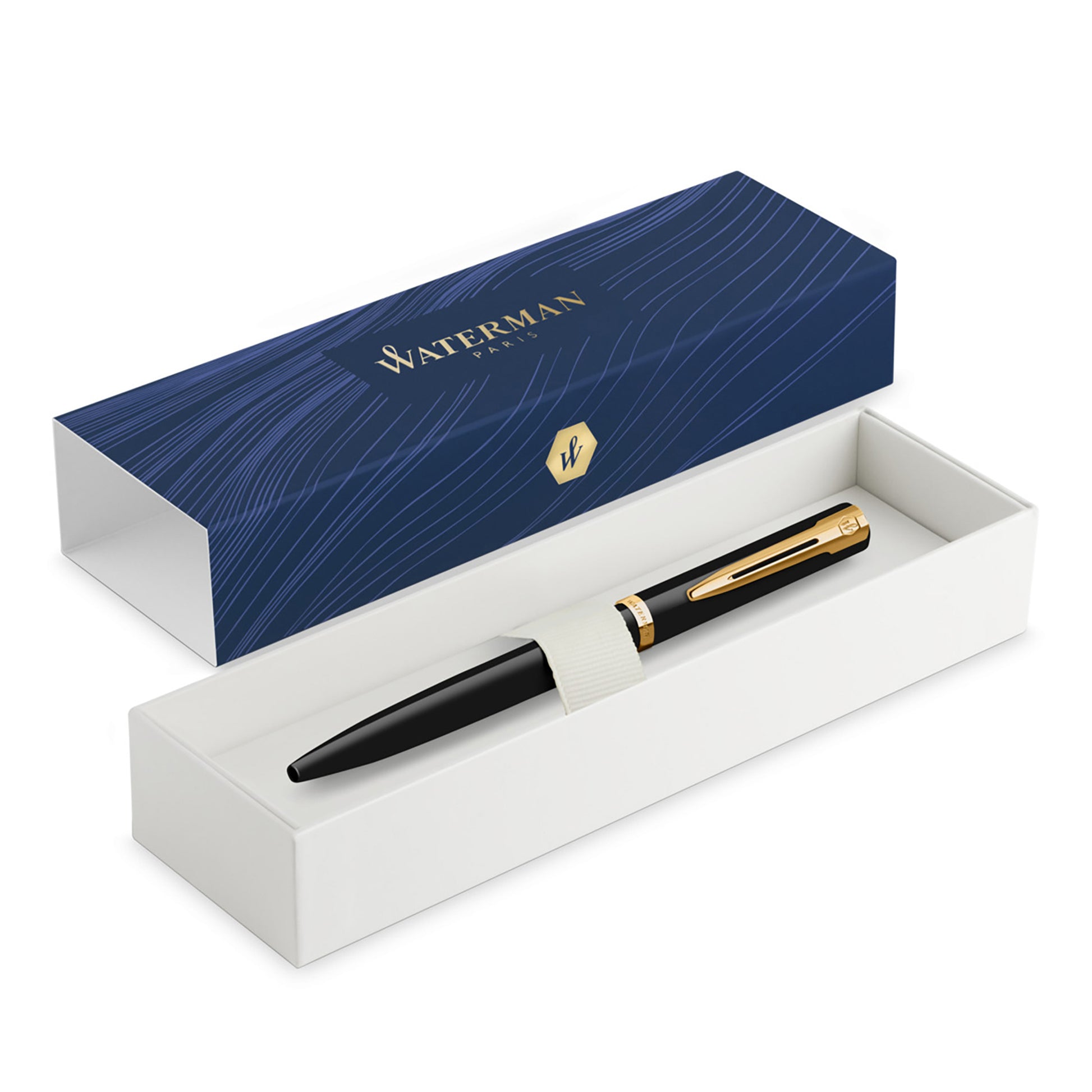 Waterman Impression Ballpoint Pen Black with Gold Trim Medium Tip Blue Ink Gift Box