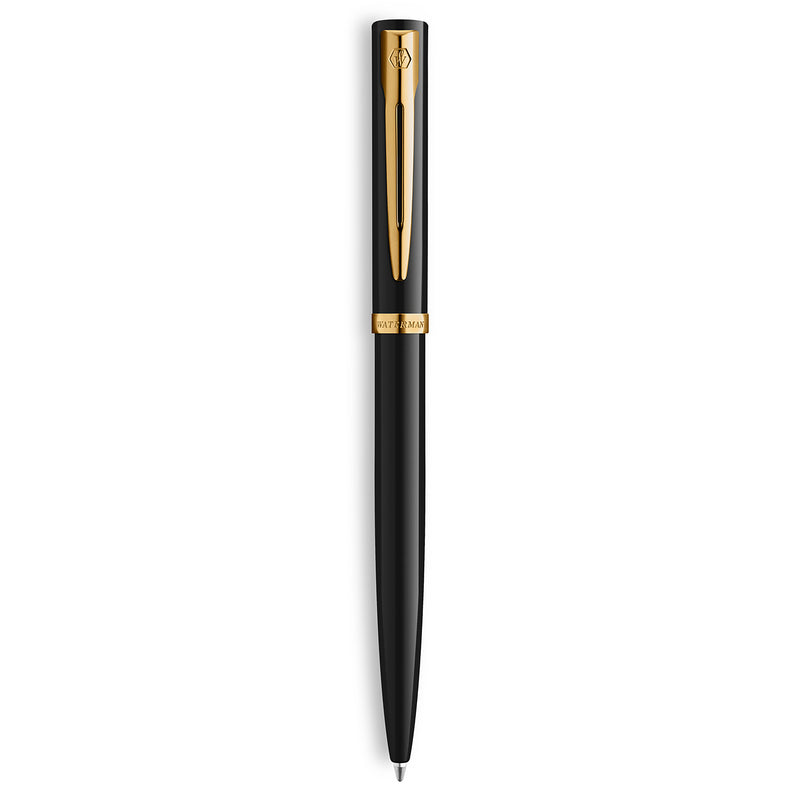 Waterman Impression Ballpoint Pen Black with Gold Trim Medium Tip Blue Ink Gift Box