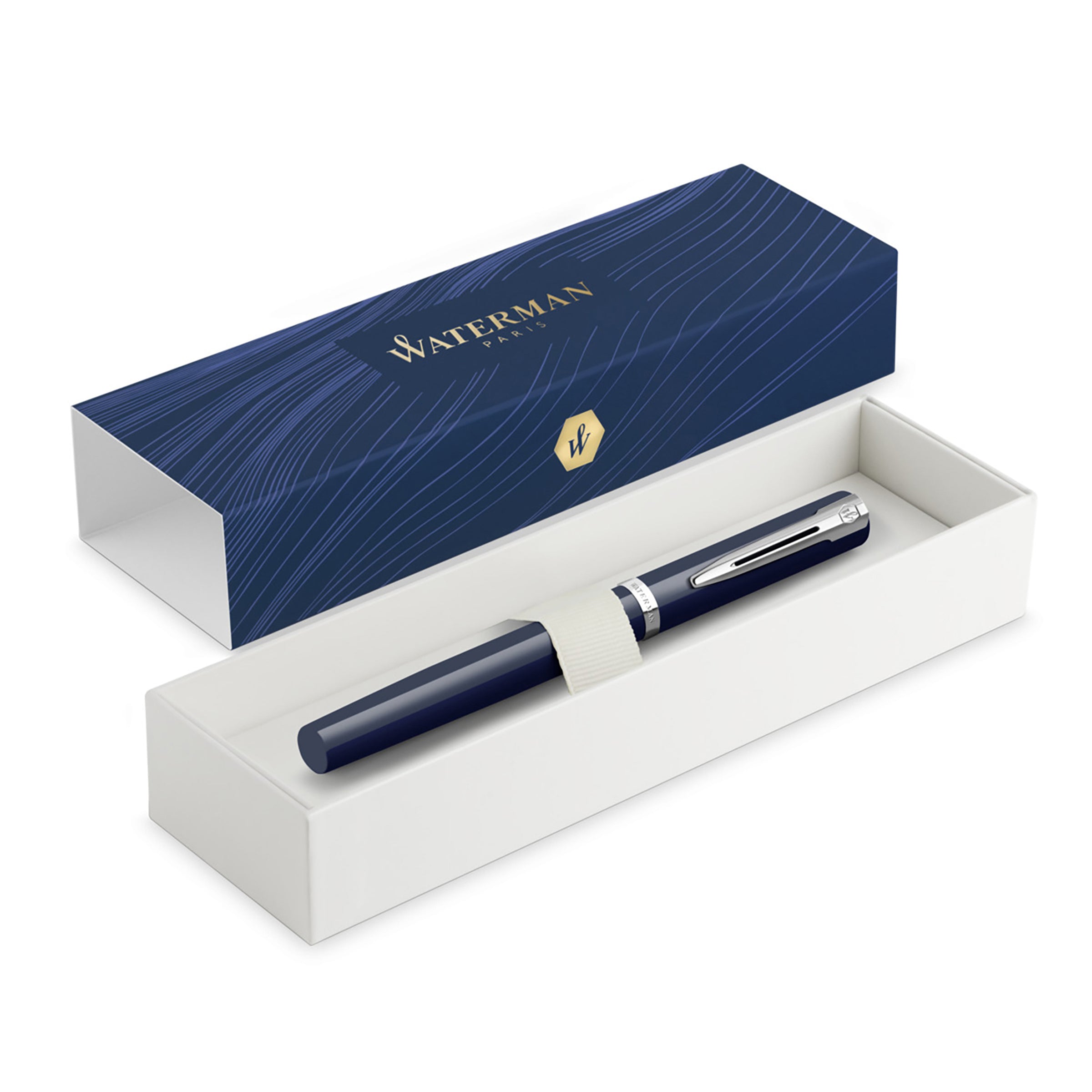 Waterman Impression Fountain Pen Blue with Chrome Trim Medium Nib Blue Ink Gift Box