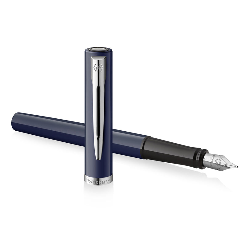 Waterman Impression Fountain Pen Blue with Chrome Trim Medium Nib Blue Ink Gift Box
