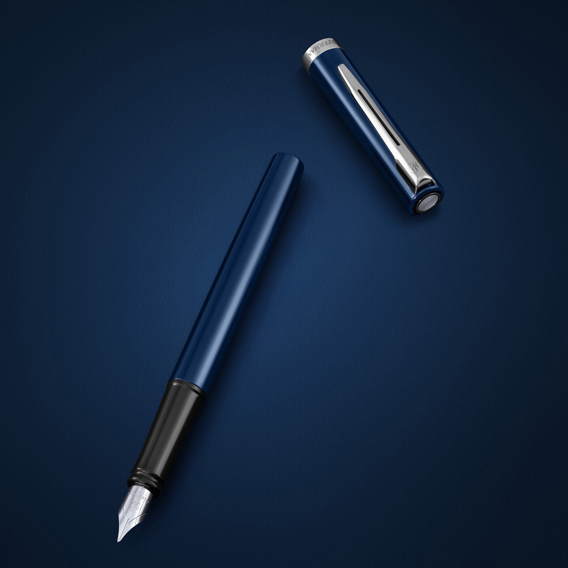 Waterman Impression Fountain Pen Blue with Chrome Trim Medium Nib Blue Ink Gift Box