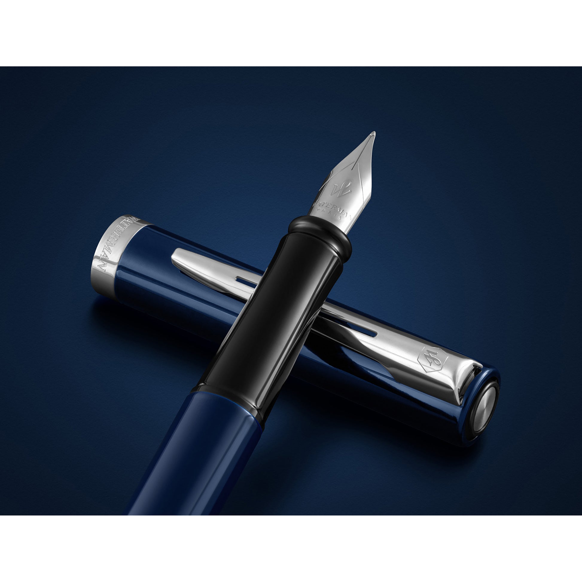Waterman Impression Fountain Pen Blue with Chrome Trim Medium Nib Blue Ink Gift Box