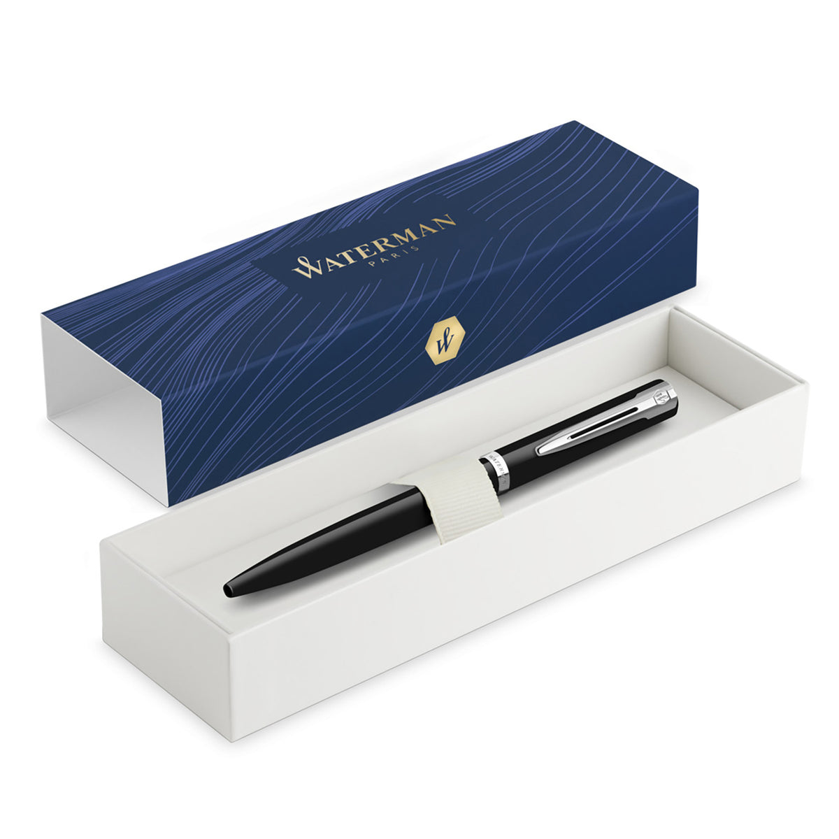 Waterman Impression Ballpoint Pen Black with Chrome Trim Medium Tip Blue Ink Gift Box
